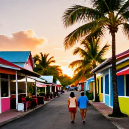 Caribbean Holidays, November Holidays, Couple walking through a colourful Caribbean street in Marigot at sunset, with caf&eacute;s, palm trees and warm evening light