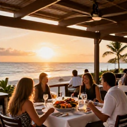 Caribbean Holidays, November Holidays, Elegant seaside restaurant in Providenciales at sunset with fresh seafood, relaxed diners and tropical island scenery