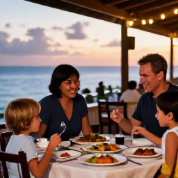 Caribbean Holidays, November Holidays, Family dining outdoors at a Caribbean restaurant at sunset, relaxed atmosphere, local food and child-friendly dishes