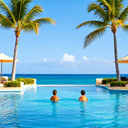 Caribbean Holidays, November Holidays, Family enjoying a calm Caribbean resort pool beside palm trees, bright sunshine and comfortable November weather