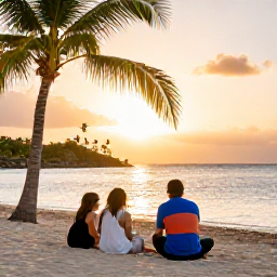 Caribbean Holidays, November Holidays, Family relaxing on a Caribbean beach at golden hour, palm trees, calm sea and comfortable holiday setting