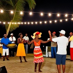 Caribbean Holidays, November Holidays, Friendly Caribbean cultural evening in Trinidad and Tobago with steelpan performers, local dancers and visitors enjoying music under warm lights