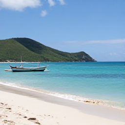 Caribbean Holidays, November Holidays, Golden Caribbean beach on Saint Kitts with calm turquoise water, green hills and a small traditional fishing boat
