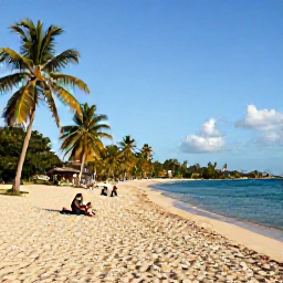 Caribbean Holidays, November Holidays, Golden sandy beach on Saint Kitts with palm trees, calm turquoise water and travellers relaxing in the sunshine
