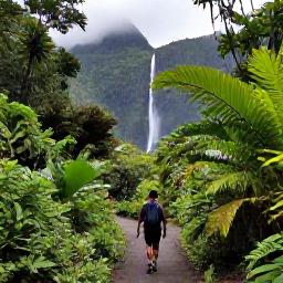 Caribbean Holidays, November Holidays, Hiker following a lush rainforest trail on Saint Vincent towards a waterfall, tropical plants and misty volcanic mountains