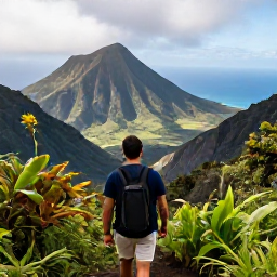 Caribbean Holidays, November Holidays, Hiker walking through lush Montserrat rainforest towards a dramatic volcanic landscape, November sunshine and clear Caribbean sea