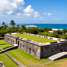 Caribbean Holidays, November Holidays, Historic Brimstone Hill Fortress on Saint Kitts with stone walls, tropical greenery and blue sea in the background