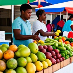 Caribbean Holidays, November Holidays, Local food market in Saint Kitts with fresh tropical fruit, island vegetables, spices and friendly vendors