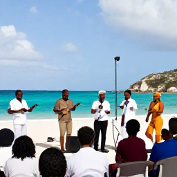Caribbean Holidays, November Holidays, Outdoor Caribbean music performance with local musicians and dancers near the beach in Saint Martin during November