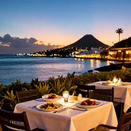Caribbean Holidays, November Holidays, Outdoor restaurant in Sint Maarten at sunset, with tables for two, Caribbean dishes and harbour lights
