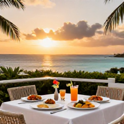 Caribbean Holidays, November Holidays, Outdoor terrace at a Caribbean all-inclusive resort in Saint Kitts with a buffet meal, tropical drinks and sunset sea views