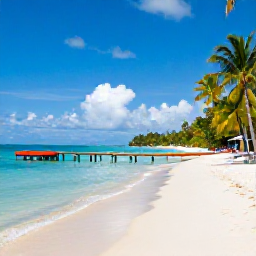 Caribbean Holidays, November Holidays, Pigeon Point beach in Tobago with white sand, calm blue water, colourful wooden jetty and palm trees under a bright tropical sky