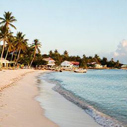 Caribbean Holidays, November Holidays, Quiet Tobago beach and fishing village at golden afternoon light in November, with palm trees, small boats and clear Caribbean water