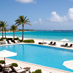 Caribbean Holidays, November Holidays, Relaxed all-inclusive resort pool beside a Caribbean beach in Saint Martin, with sun loungers, palm trees and clear blue water