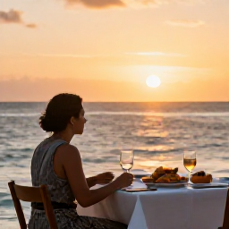 Caribbean Holidays, November Holidays, Solo traveller enjoying a quiet sunset dinner beside the sea on Saint Vincent, with local Caribbean food and warm evening light