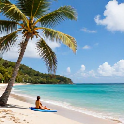 Caribbean Holidays, November Holidays, Solo traveller relaxing on a quiet palm-fringed beach in Saint Vincent and the Grenadines during November, clear turquoise sea and gentle sunshine