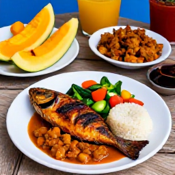 Caribbean Holidays, November Holidays, Traditional Montserratian food served at a relaxed outdoor gathering, grilled fish, rice, vegetables and tropical fruit