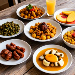 Caribbean Holidays, November Holidays, Traditional Trinidadian food spread including doubles, roti, pelau, callaloo and fresh tropical fruit on a rustic table