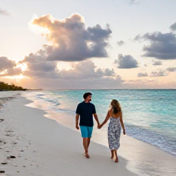 Caribbean Holidays, November Honeymoon, A couple walking hand in hand along a quiet white-sand beach in The Bahamas at sunset, turquoise sea and soft November light