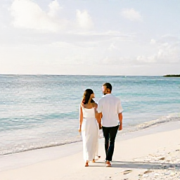 Caribbean Holidays, November Honeymoon, A newlywed couple walking barefoot along a quiet white-sand beach in Providenciales, Turks and Caicos, with calm turquoise water and soft November sunlight