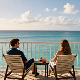 Caribbean Holidays, November Honeymoon, Couple relaxing on a stylish Bahamian resort balcony overlooking a calm turquoise sea in warm November sunshine
