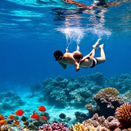 Caribbean Holidays, November Honeymoon, Couple snorkelling over a colourful coral reef near Providenciales, Turks and Caicos, with tropical fish in clear shallow water