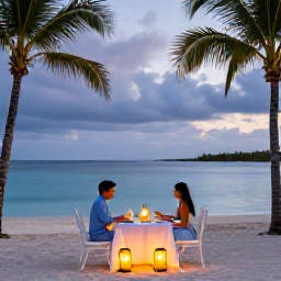 Caribbean Holidays, November Honeymoon, Romantic beachfront dinner for two in The Bahamas, lanterns on a table, calm ocean and palm trees under an evening sky