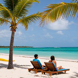 Caribbean Holidays, November Honeymoon, Romantic Grace Bay Beach scene in November, with sun loungers, swaying palms, turquoise Caribbean water and a couple enjoying the shoreline