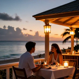 Caribbean Holidays, November Honeymoon, Romantic outdoor restaurant on Providenciales at sunset, with a couple dining beside the sea and warm lantern light