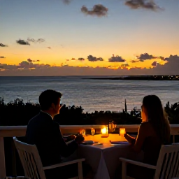 Caribbean Holidays, November Honeymoons, A candlelit table for two overlooking the Bermuda coastline at sunset during a warm November evening