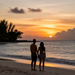 Caribbean Holidays, November Honeymoons, A happy honeymoon couple watching sunset from a quiet Tobago beach, gentle waves, tropical silhouettes and soft orange sky
