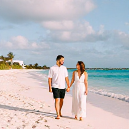 Caribbean Holidays, November Honeymoons, A newly married couple walking hand in hand along a quiet pink-sand beach in Bermuda in warm November sunshine