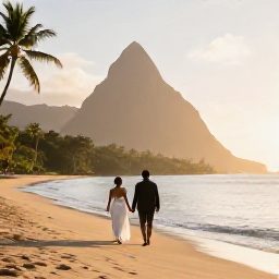 Caribbean Holidays, November Honeymoons, A newlywed couple walking hand in hand along a quiet golden beach in Saint Lucia at sunrise, with palm trees and calm Caribbean water