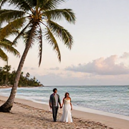 Caribbean Holidays, November Honeymoons, A newlywed couple walking hand in hand along a quiet palm-fringed beach in Tobago at golden hour, calm Caribbean sea and warm November light