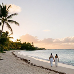 Caribbean Holidays, November Honeymoons, A newlywed couple walking hand in hand along a quiet white-sand beach in Saint Barth&eacute;lemy at sunset, calm turquoise sea and palm trees