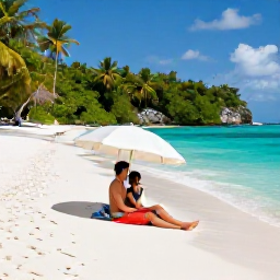 Caribbean Holidays, November Honeymoons, A romantic couple relaxing beneath a beach umbrella on Pigeon Point in Tobago, turquoise water, white sand and tropical greenery