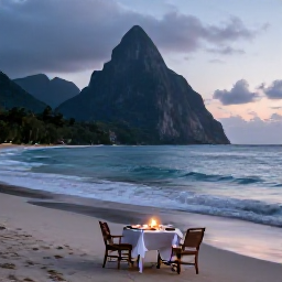 Caribbean Holidays, November Honeymoons, Candlelit table for two on a Saint Lucia beach at dusk, with gentle waves and the Pitons in the distance