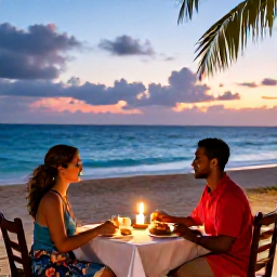 Caribbean Holidays, November Honeymoons, Couple enjoying a candlelit dinner at a beachfront restaurant in Grand Case, colourful Caribbean evening sky and local cuisine