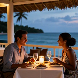 Caribbean Holidays, November Honeymoons, Couple enjoying a candlelit dinner at a stylish seaside restaurant in Trinidad, local Caribbean dishes, warm evening atmosphere