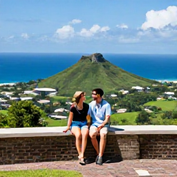 Caribbean Holidays, November Honeymoons, Couple exploring historic Brimstone Hill Fortress on Saint Kitts with green hills and blue sea beyond
