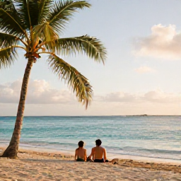 Caribbean Holidays, November Honeymoons, Couple relaxing on a beautiful Puerto Rico beach in November, calm turquoise sea, soft tropical sunlight, palm trees