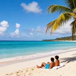 Caribbean Holidays, November Honeymoons, Couple relaxing on a quiet Caribbean beach in the British Virgin Islands with palm trees and gentle turquoise waves