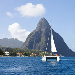 Caribbean Holidays, November Honeymoons, Couple sailing on a catamaran past the Pitons in Saint Lucia on a bright November day