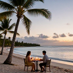 Caribbean Holidays, November Honeymoons, Couple sharing a candlelit dinner on a Dominican Republic beach at sunset, with palm trees and calm sea