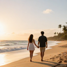 Caribbean Holidays, November Honeymoons, Couple walking hand in hand along a quiet Barbados beach at sunset in November