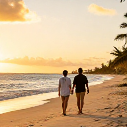 Caribbean Holidays, November Honeymoons, Couple walking hand in hand along a quiet Caribbean beach at sunset in November
