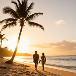 Caribbean Holidays, November Honeymoons, Couple walking hand in hand along a quiet Jamaican beach at sunset, palm trees and warm golden light