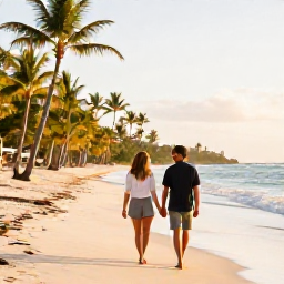 Caribbean Holidays, November Honeymoons, Couple walking hand in hand along a quiet palm-fringed beach in Punta Cana, Dominican Republic, warm November sunlight