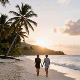 Caribbean Holidays, November Honeymoons, Couple walking hand in hand along a quiet palm-fringed beach in Saint Vincent and the Grenadines at sunrise