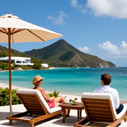 Caribbean Holidays, November Honeymoons, Elegant beachfront honeymoon hotel in Saint Vincent and the Grenadines with a couple relaxing on a private terrace